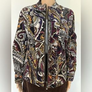 Chicos-80's/90's Vintage, Brown/Beige, Paisley, Corduroy, Zip Up, Jacket. Size-M